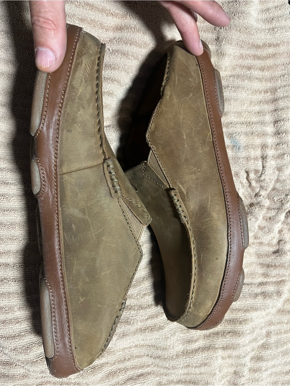 OluKai Brown Leather Slip-On Loafers, 12